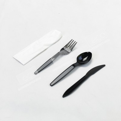 ชุดช้อน+ส้อม+มีด+ทิชชู่ PSสีดำ แพ็คในซองพลาสติก (OR) (50ชุด/แพค)