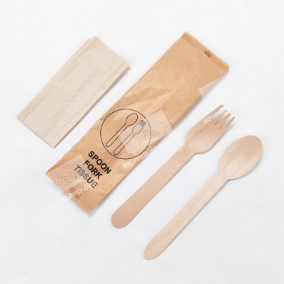 ช้อนไม้+ส้อมไม้ 16cm +ทิชชู่ แพคในซองกระดาษ (KW)(50 ชุด/แพค)