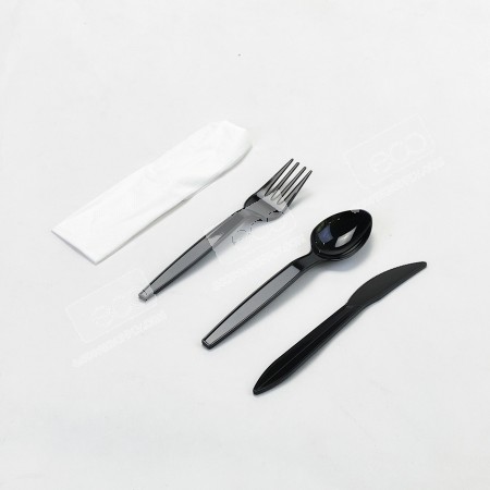 ชุดช้อน+ส้อม+มีด+ทิชชู่ PSสีดำ แพ็คในซองพลาสติก (OR) (50ชุด/แพค)