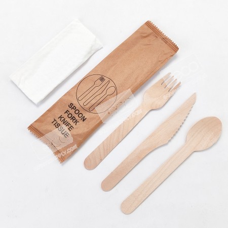 ช้อนไม้+ส้อมไม้+มีดไม้ 16cm +ทิชชู่ แพคในซองกระดาษ (KW)(50 ชุด/แพค)