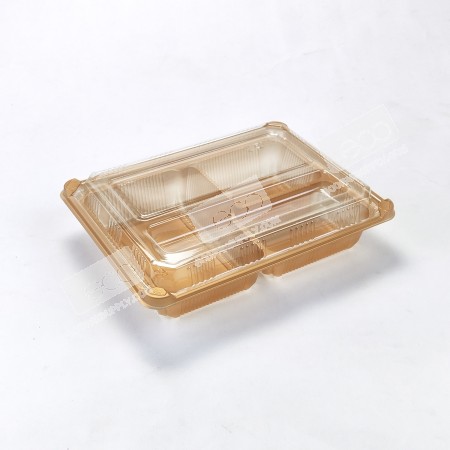 กล่องอาหาร PP สีทอง 3 ช่อง (EX) + ฝา PET วางช้อน (25ชุด/แพค)