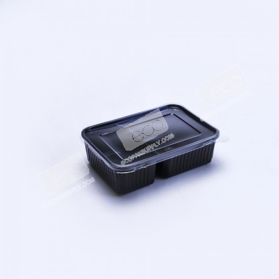กล่องอาหาร PP ดำ 2 ช่อง 650 ml + ฝา PET (25 ชุด/แพค)