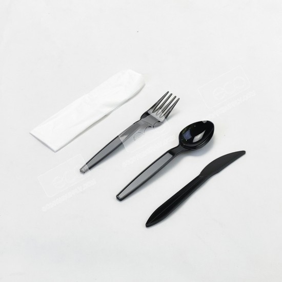 ชุดช้อน+ส้อม+มีด+ทิชชู่ PSสีดำ แพ็คในซองพลาสติก (OR) (50ชุด/แพค)
