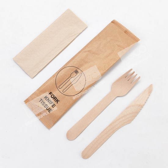 ส้อมไม้+มีดไม้ 16cm +ทิชชู่ แพคในซองกระดาษ (KW)(50 ชุด/แพค)