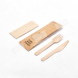 ส้อมไม้+มีดไม้ 16cm +ทิชชู่ แพคในซองกระดาษ (KW)(50 ชุด/แพค)