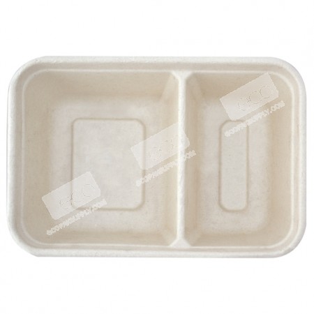 [ซื้อ10แถม10] ถาดชานอ้อย 600 มล. 2ช่อง+ฝา(50ชิ้น/แพค)