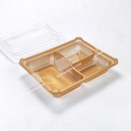 กล่องอาหาร PP สีทอง 3 ช่อง (EX) + ฝา PET วางช้อน (25ชุด/แพค)