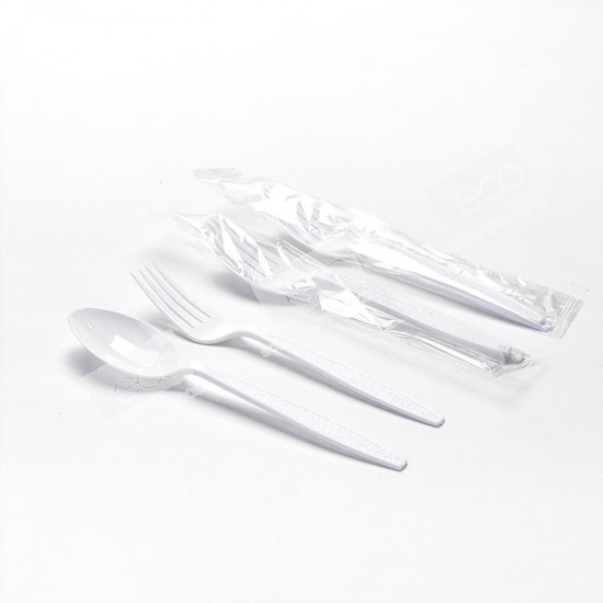 (TW) ชุดช้อน-ส้อมพลาสติก PS ขาว 18cm แพคในซองพลาสติก(50ชุด/แพค)