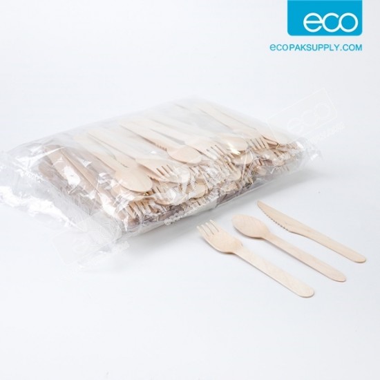 **ยกลัง** ชุดช้อนไม้+ส้อมไม้+มีดไม้ 16 cm. ในซองใส(1000 ชุด)