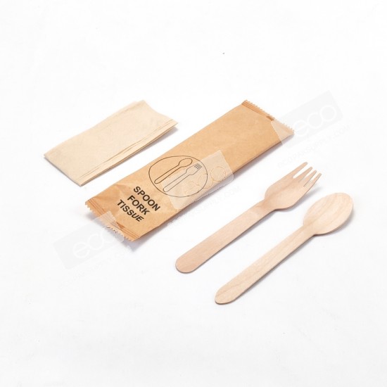 ช้อนไม้+ส้อมไม้ 16cm +ทิชชู่ แพคในซองกระดาษ (KW)(50 ชุด/แพค)