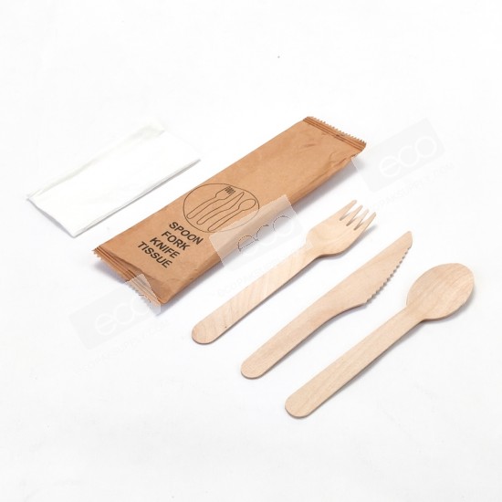 ช้อนไม้+ส้อมไม้+มีดไม้ 16cm +ทิชชู่ แพคในซองกระดาษ (KW)(50 ชุด/แพค)